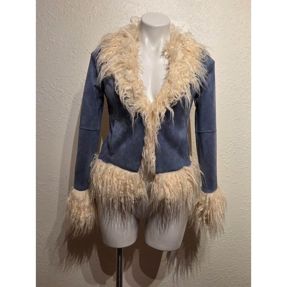 Bailey Rose Blue Faux Suede Penny Lane Jacket Cream Shaggy Faux Fur Trim XS